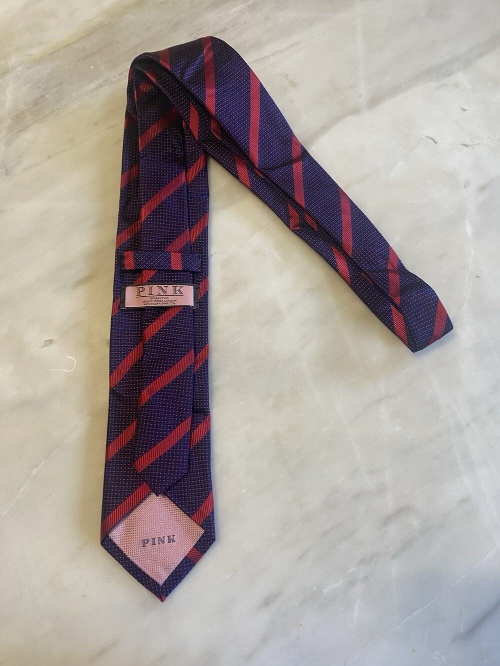 Thomas Pink Red and Navy Tie striped silk
